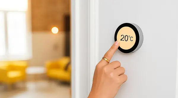 Dedo ajustando el termostato a 20°C, controlando la calefacción inteligente del hogar.