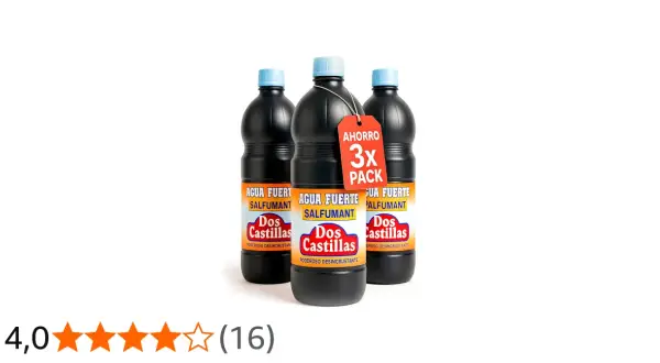 Tres botellas de agua fuerte salfuman Dos Castillas, un poderoso desincrustante, en pack de ahorro 3x.