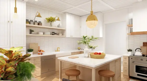 Ideas para como diseñar una cocina moderna y funcional: encimeras de mármol, gabinetes blancos, isla central y acentos dorados.