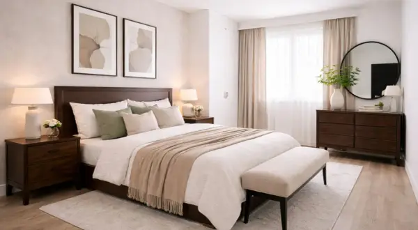 Dormitorio con muebles oscuros y paredes claras. Cama con mantas beige, mesitas de noche y un banco a los pies.