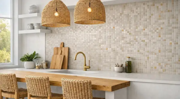 Azulejos de mosaico en tonos neutros y dorados, un ejemplo de las ultimas tendencias en azulejos para cocinas.