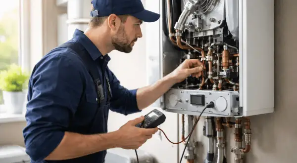 Técnico revisa caldera. Conoce el revisión obligatoria caldera precio y mantén tu hogar seguro.
