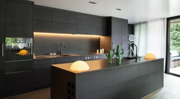 Elegantes cocinas negras con isla central, encimeras de cuarzo, dos cactus decorativos y lámparas modernas.