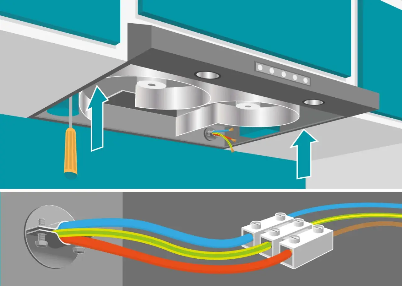 Instalar tubo campana extractora: conexión de cables eléctricos y montaje.