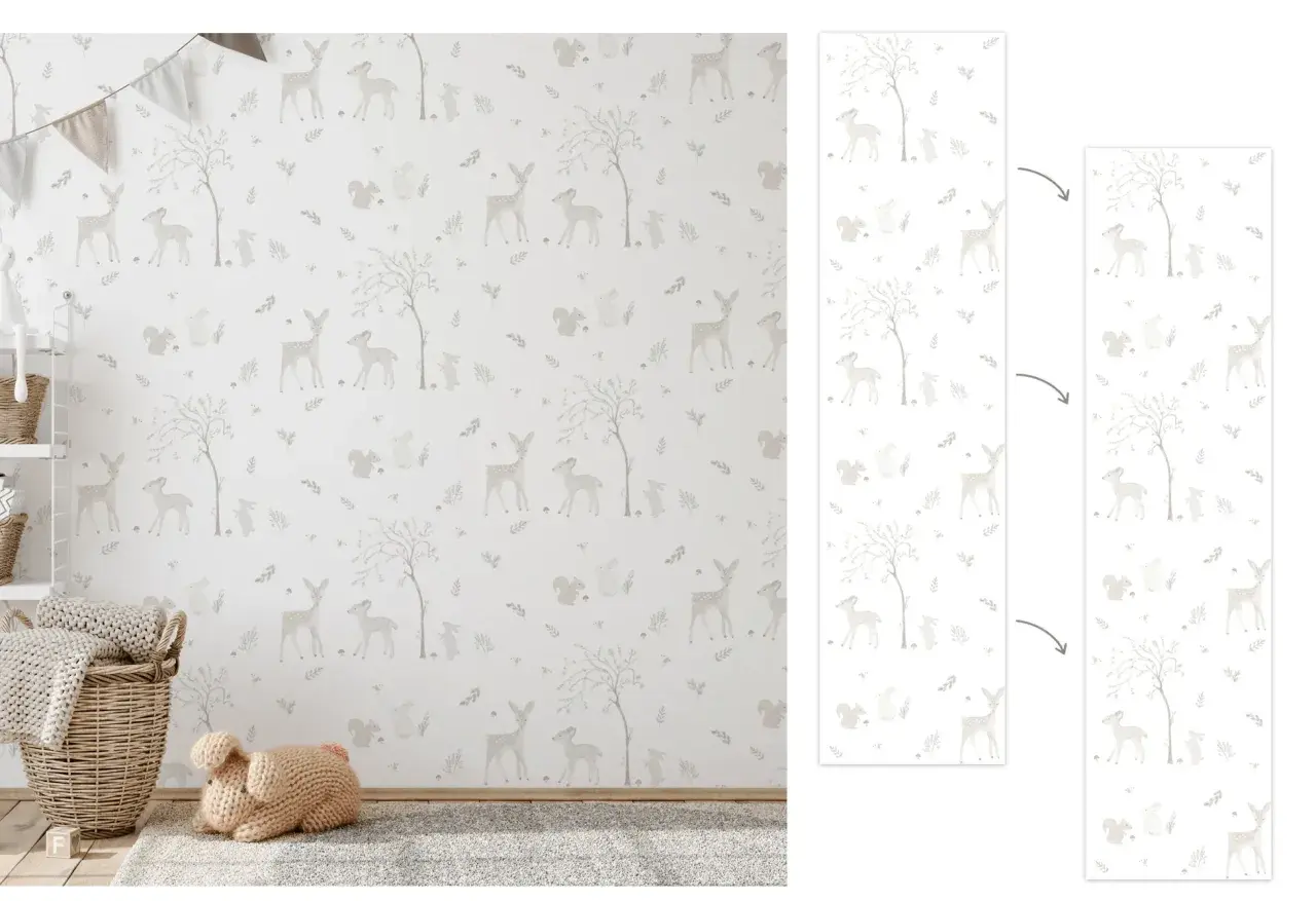 Un delicado diseño de ciervos, conejos y ardillas para empapelar pared, creando un ambiente de cuento de hadas.