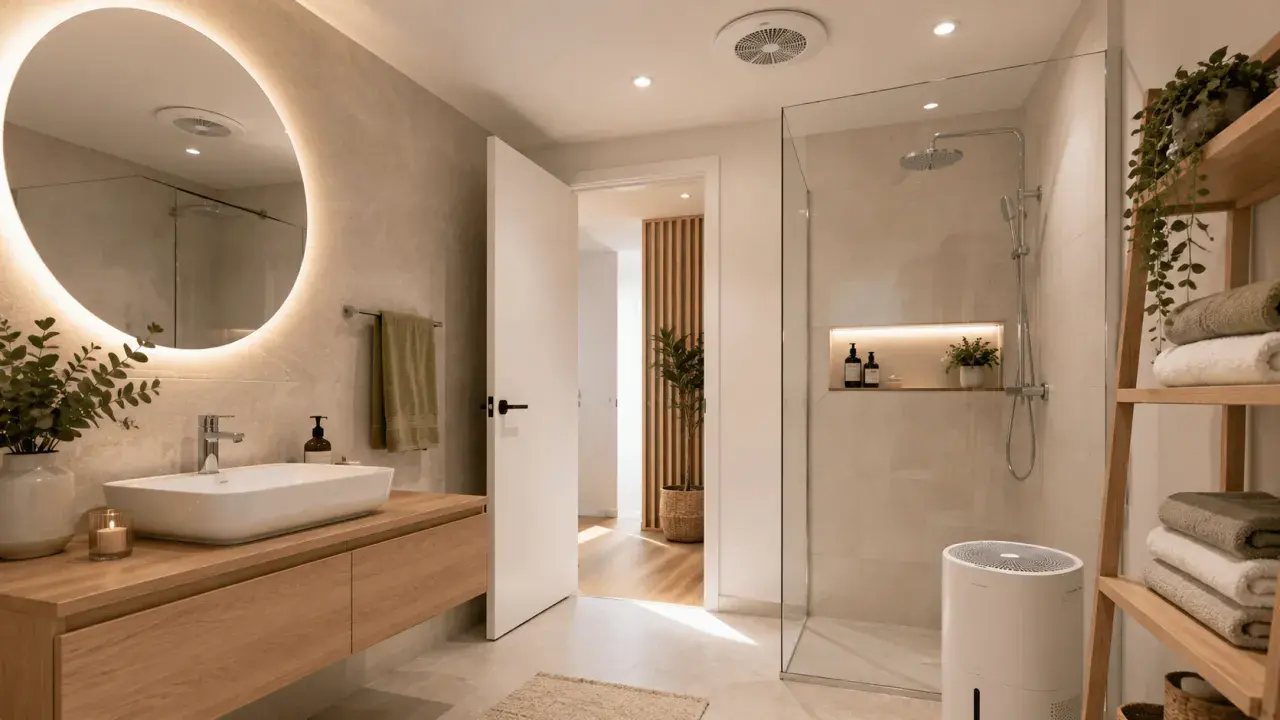 Deshumidificador blanco en baño moderno, ideal para saber como sacar la humedad del baño sin ventilación.