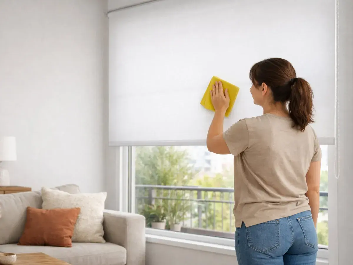 Mujer limpiando estores enrollables blancos con un paño amarillo. Consejos para como limpiar estores enrollables y mantener tu hogar impecable.