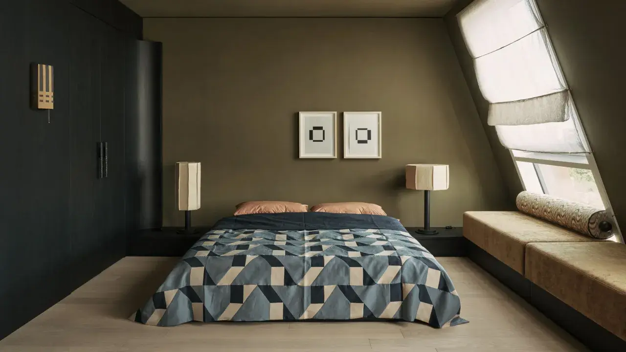 Dormitorios pequeños con cama geométrica, lámparas de diseño y un banco tapizado junto a la ventana.
