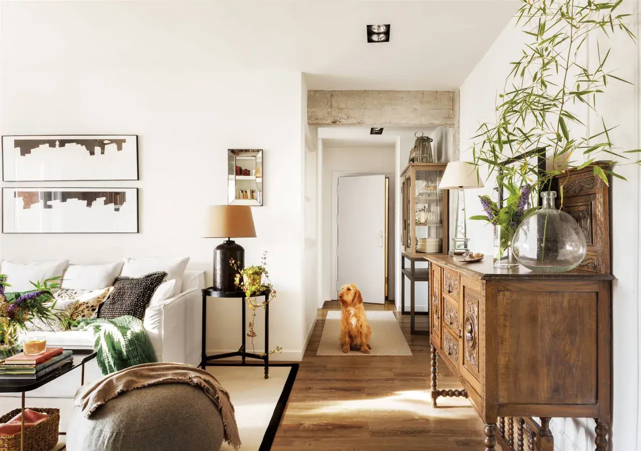 Un perro espera en el pasillo que conecta el salón y la entrada. Muebles antiguos y plantas decoran el espacio.