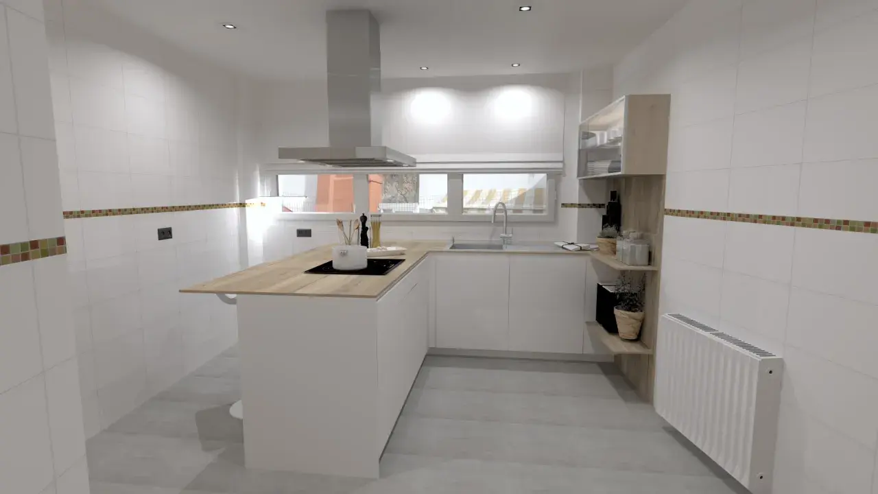 Cocinas con península modernas, blancas y de madera, con encimera de madera, campana extractora y estanterías.