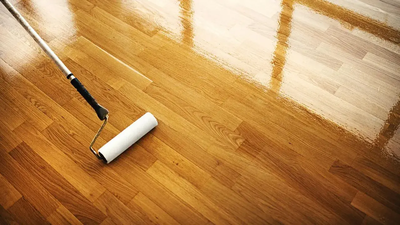Rodillo aplicando barniz para limpiar suelo madera. El brillo refleja la luz.