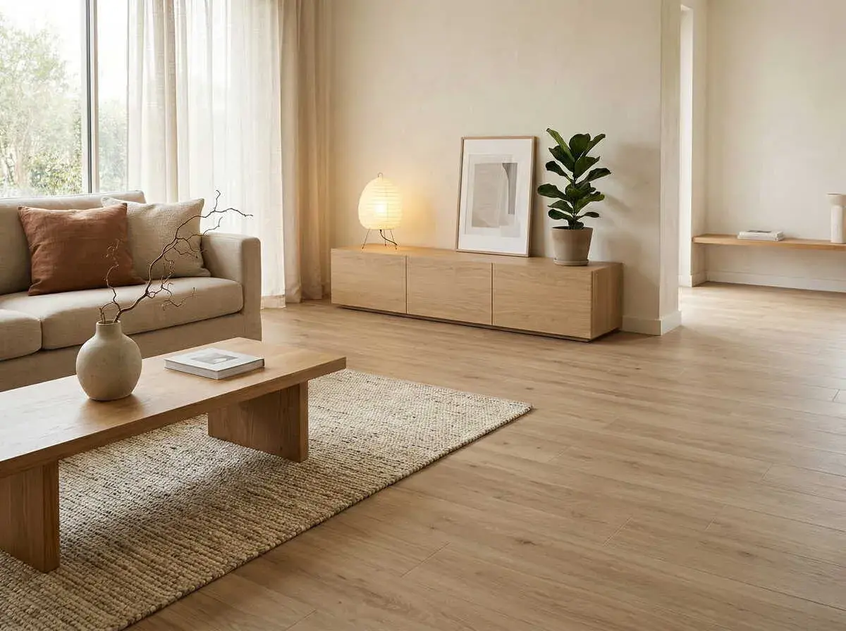 Salón con sofá beige, mesa de centro de madera y alfombra de yute. La decoración japandi se realza con una lámpara de papel y una planta.