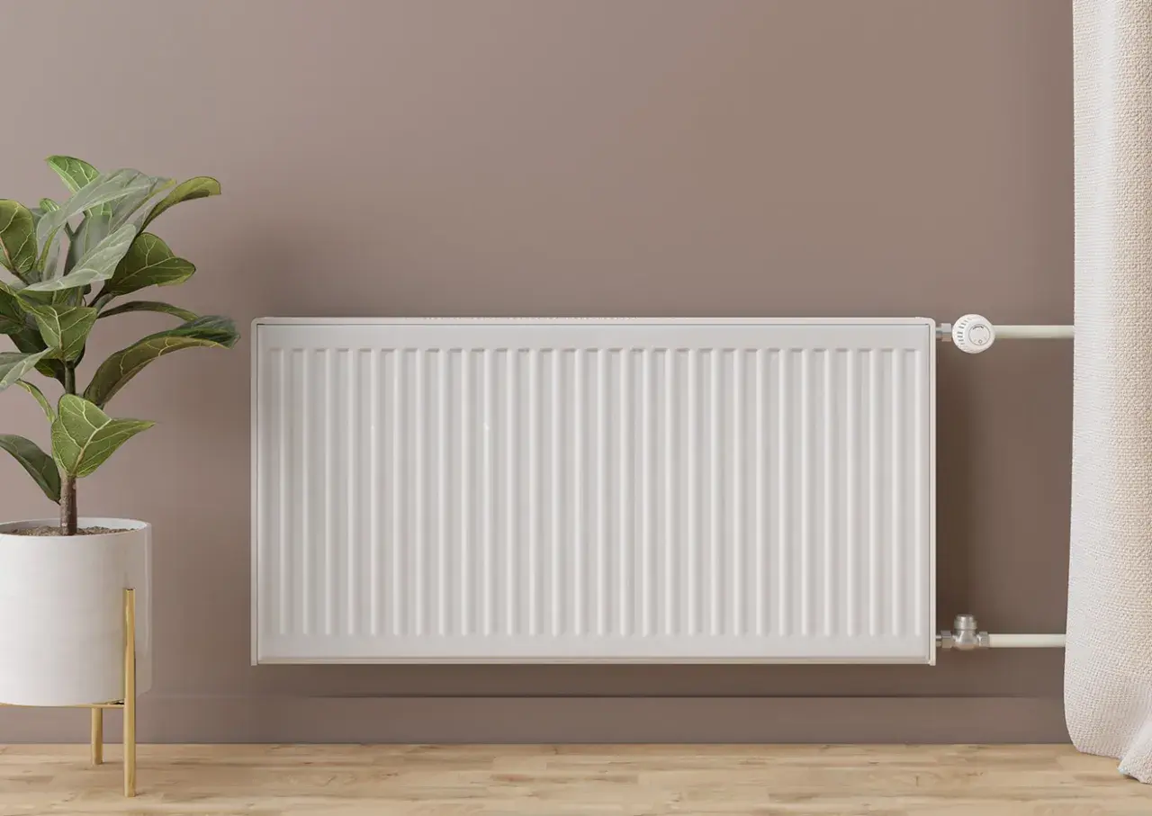 Un radiador blanco, moderno y elegante, calienta la estancia. A su lado, una planta en maceta dorada aporta vida.