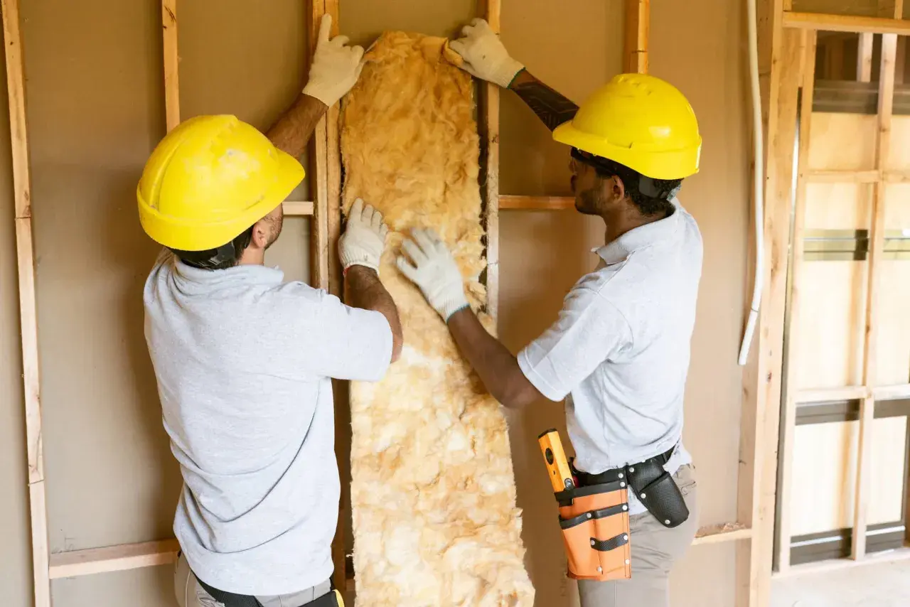 Dos obreros instalan materiales aislantes en una pared de construcción.