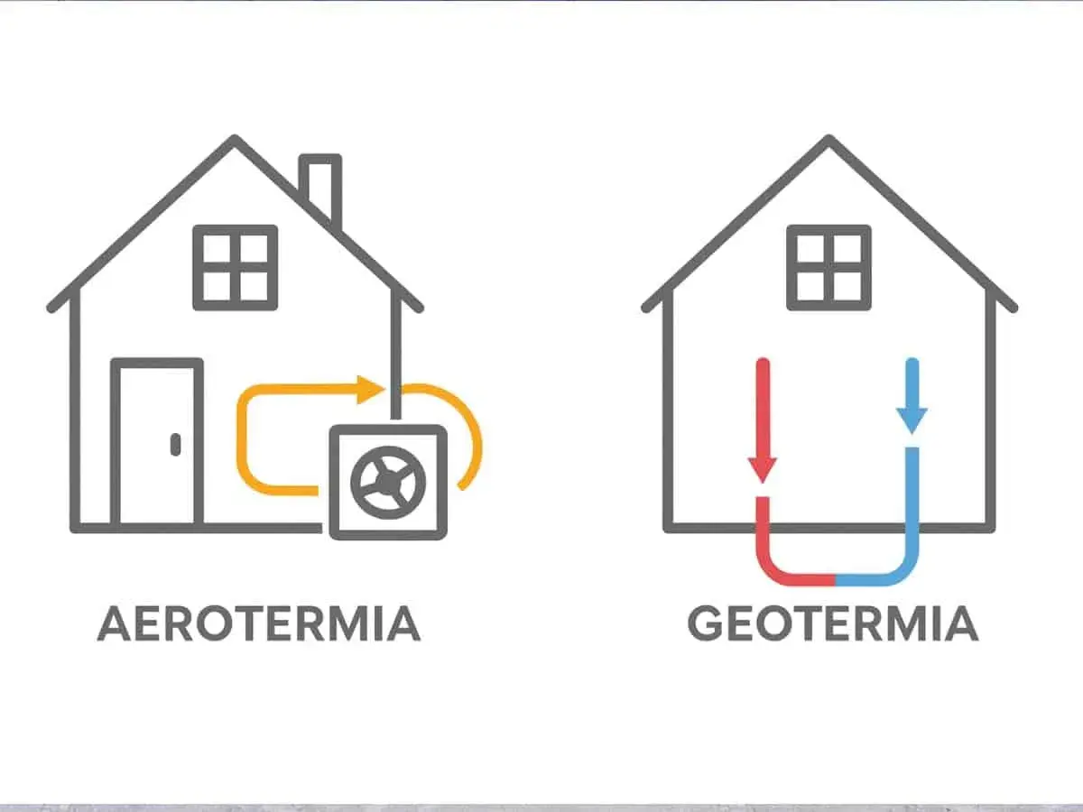 Ilustración comparativa de aerotermia y geotermia. La aerotermia usa una unidad exterior, la geotermia aprovecha la temperatura del subsuelo.