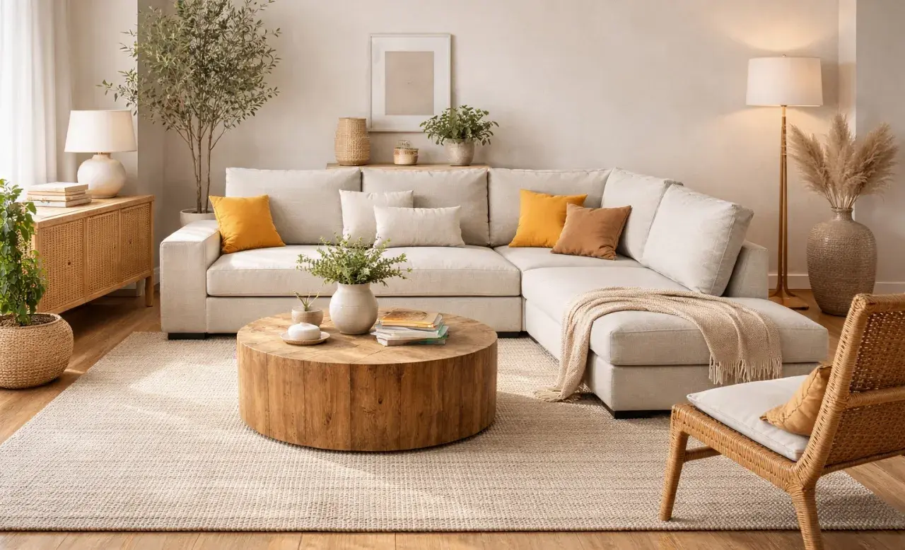 Sofá modular beige, mesa de centro de madera rústica, alfombra de yute y silla de mimbre crean un ambiente acogedor con estilo boho decoración.