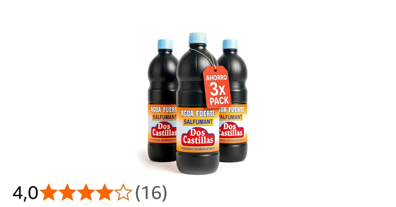 Tres botellas de agua fuerte salfuman Dos Castillas, un poderoso desincrustante, en pack de ahorro 3x.