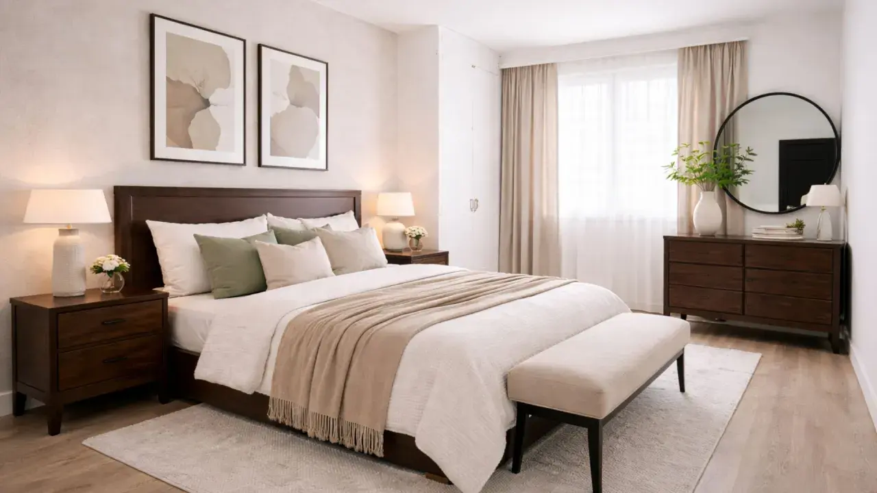 Dormitorio con muebles oscuros y paredes claras. Cama con mantas beige, mesitas de noche y un banco a los pies.