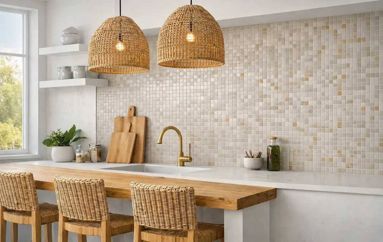 Azulejos de mosaico en tonos neutros y dorados, un ejemplo de las ultimas tendencias en azulejos para cocinas.