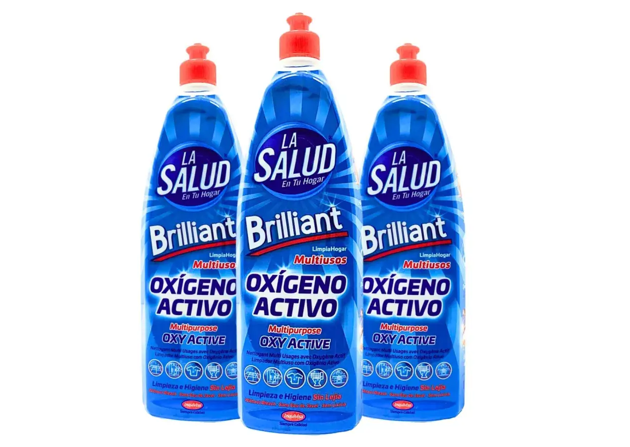 Tres botellas de limpiador multiusos "La Salud Brilliant" con "Oxígeno Activo" para una limpieza profunda sin lejía.
