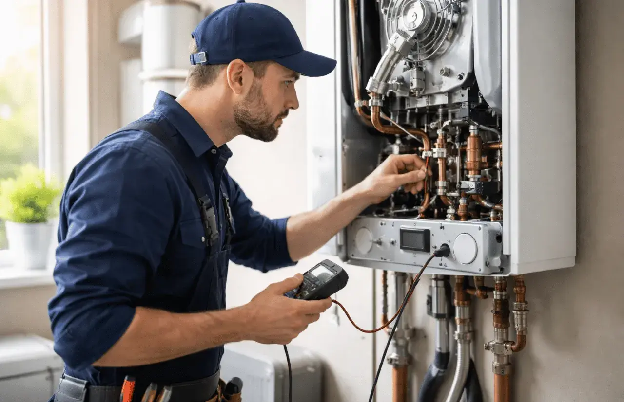 Técnico revisa caldera. Conoce el revisión obligatoria caldera precio y mantén tu hogar seguro.