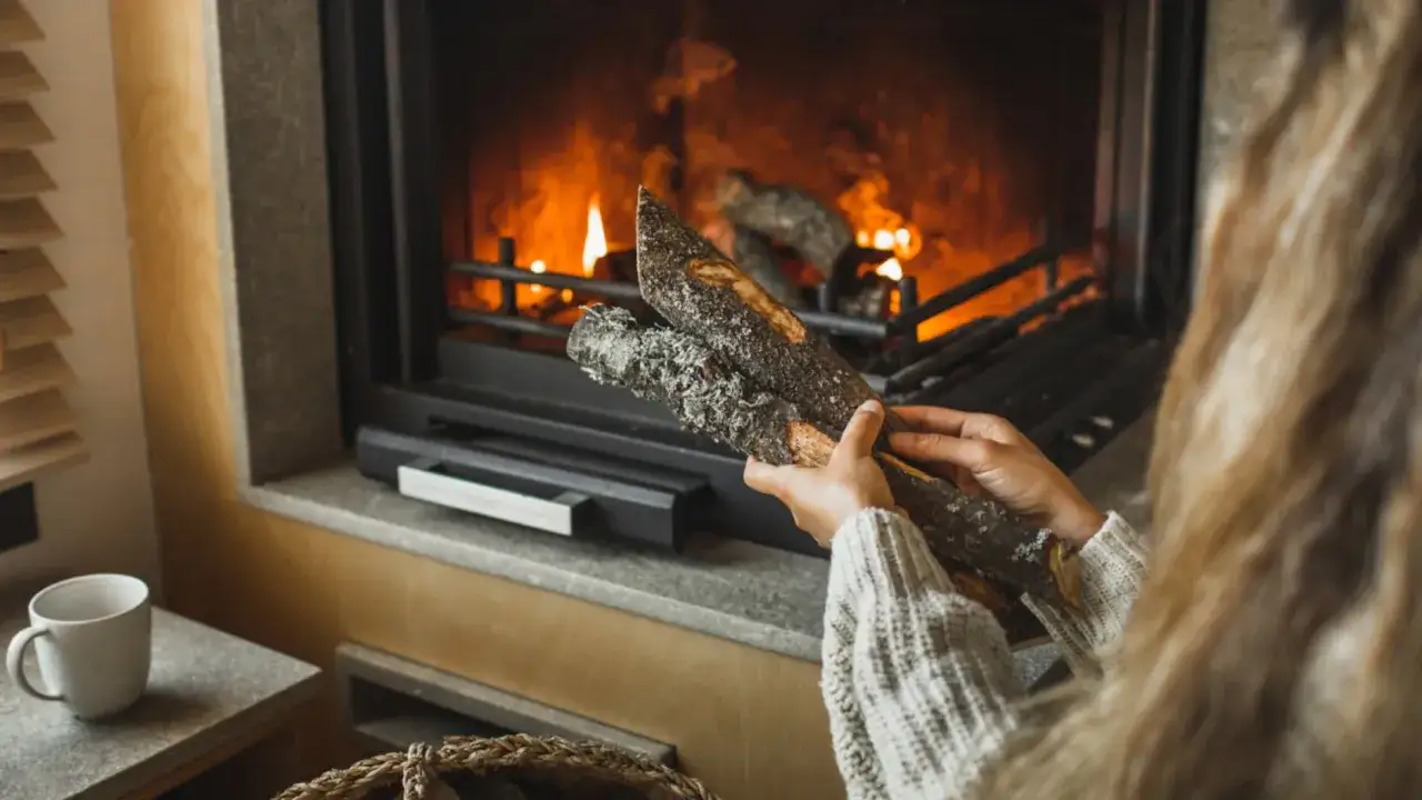 Manos sostienen leña frente a una chimenea encendida, lista para la limpieza de chimeneas.