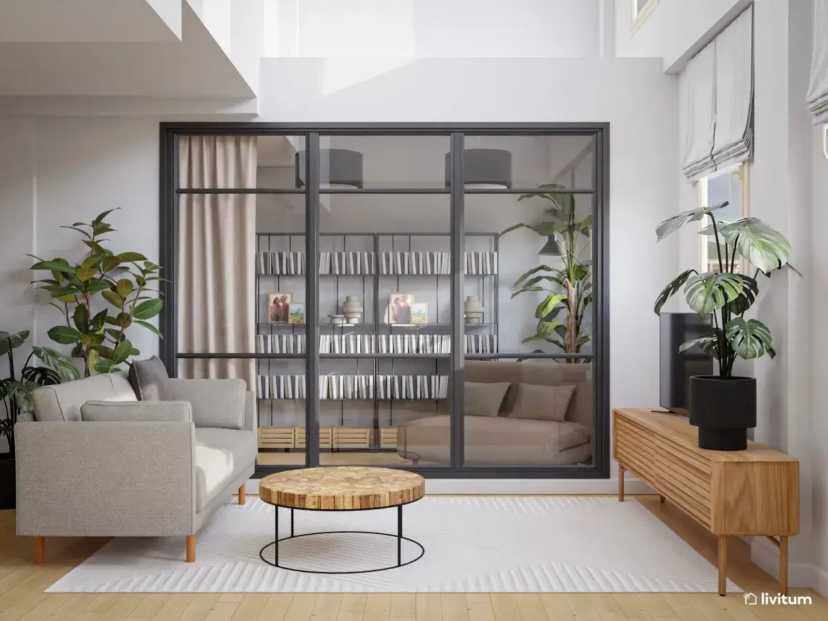 Elegante sal&oacute;n con sof&aacute; gris y mesa de centro de madera, ideal para dividir sal&oacute;n dos ambientes con una estanter&iacute;a acristalada.