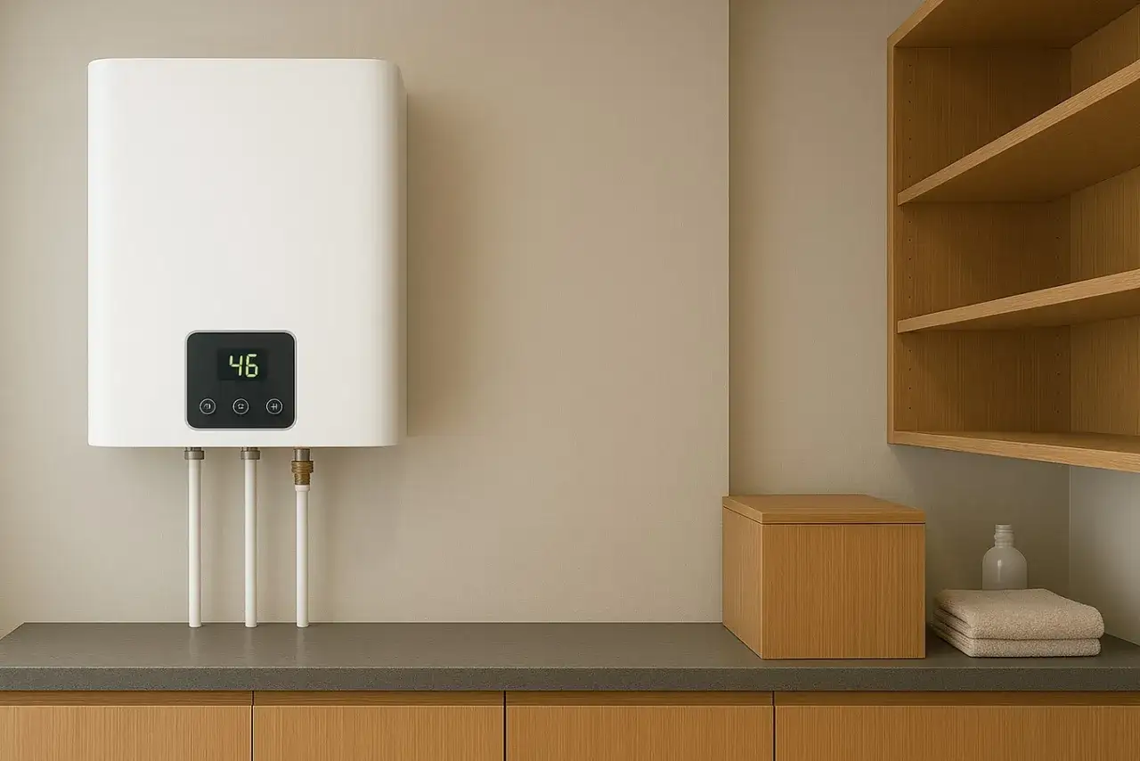 Caldera eléctrica moderna con pantalla digital mostrando 46°C. Un diseño eficiente para controlar el consumo de agua caliente.