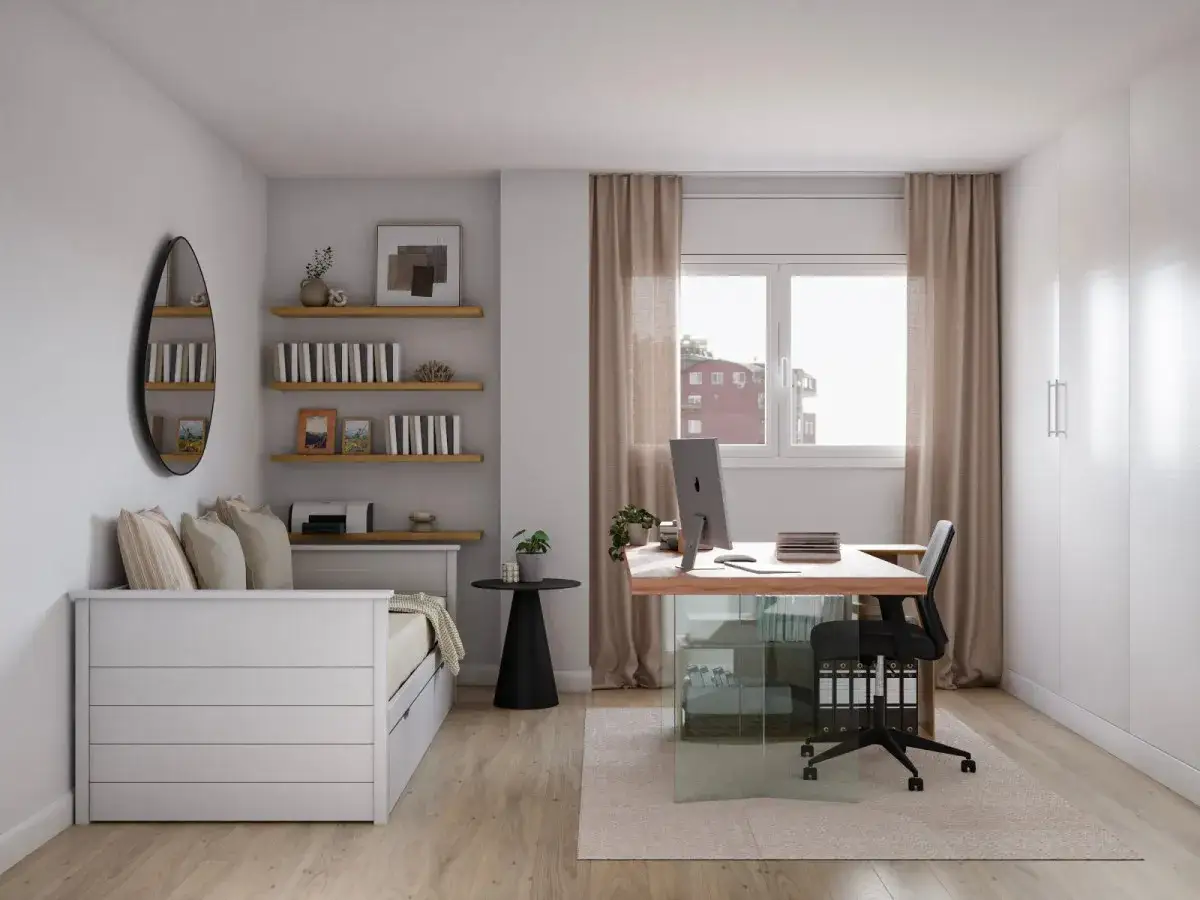 Un espacio de trabajo funcional y acogedor, con un escritorio de madera y cristal, estanterías llenas de libros y un sofá cama. Un diseño estudio moderno y práctico.