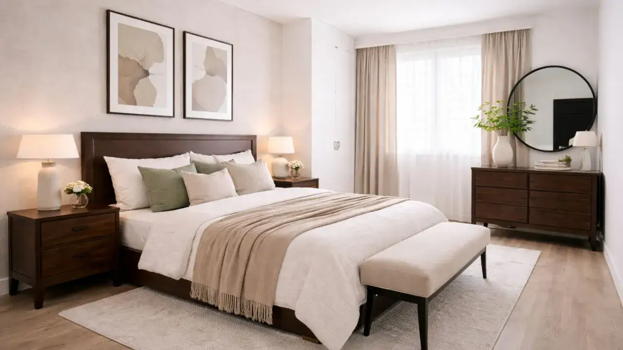 Acogedor dormitorio con muebles oscuros, paredes claras, cama vestida con mantas y cojines, y alfombra suave.