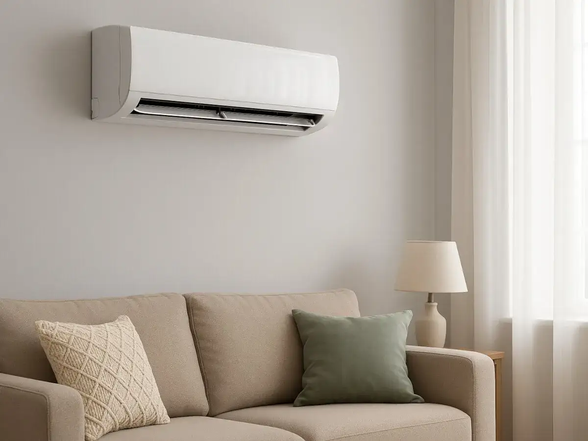 Unidad de aire acondicionado en pared, ideal para saber como poner la calefacción en casa y disfrutar de un ambiente cálido.