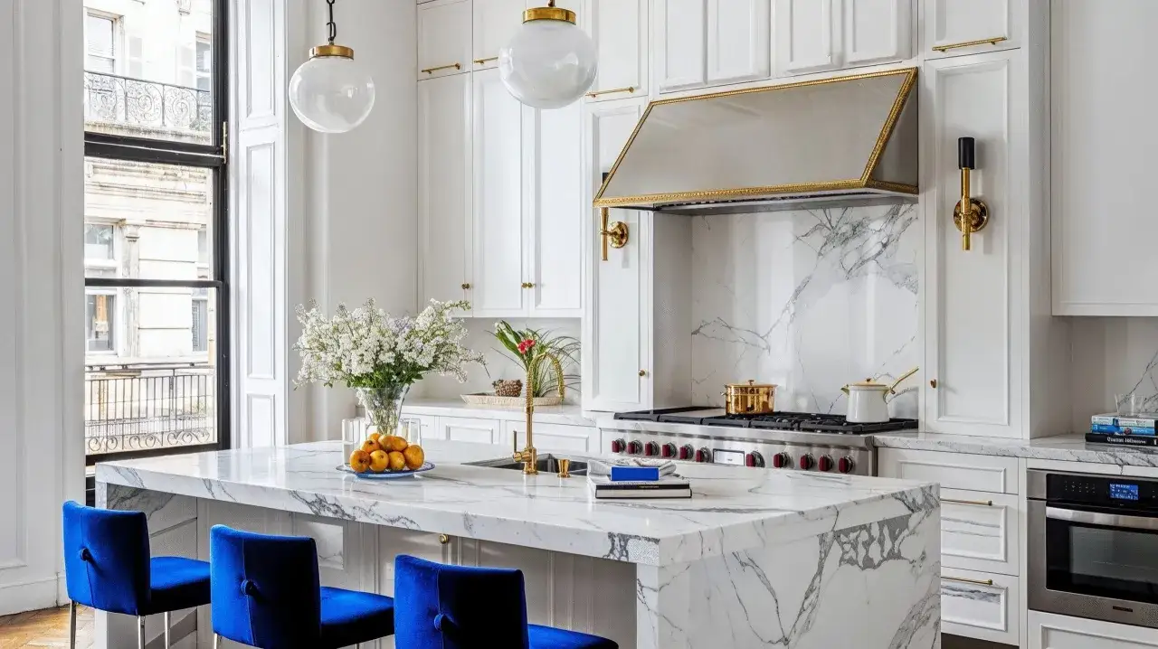 Elegante cocina blanca con isla de mármol y campana extractora dorada, mostrando varios tipos de campanas extractoras de diseño.