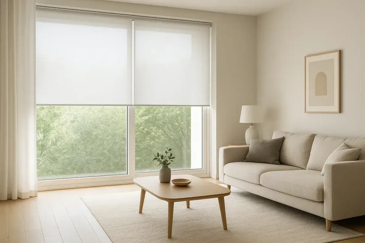 Sofá beige junto a ventana con cortinas de tejido screen que filtran la luz, mesa de centro de madera y alfombra.