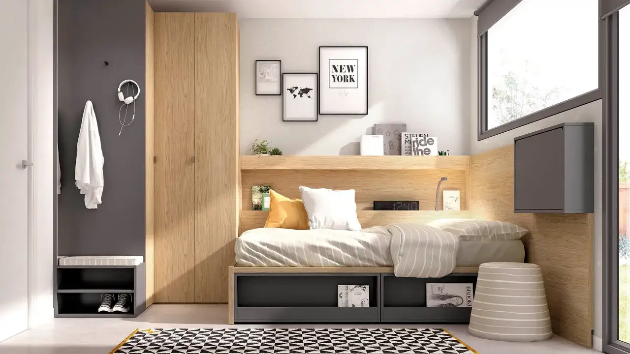 Dormitorios pequeños con cama integrada, armario de madera y decoración minimalista.