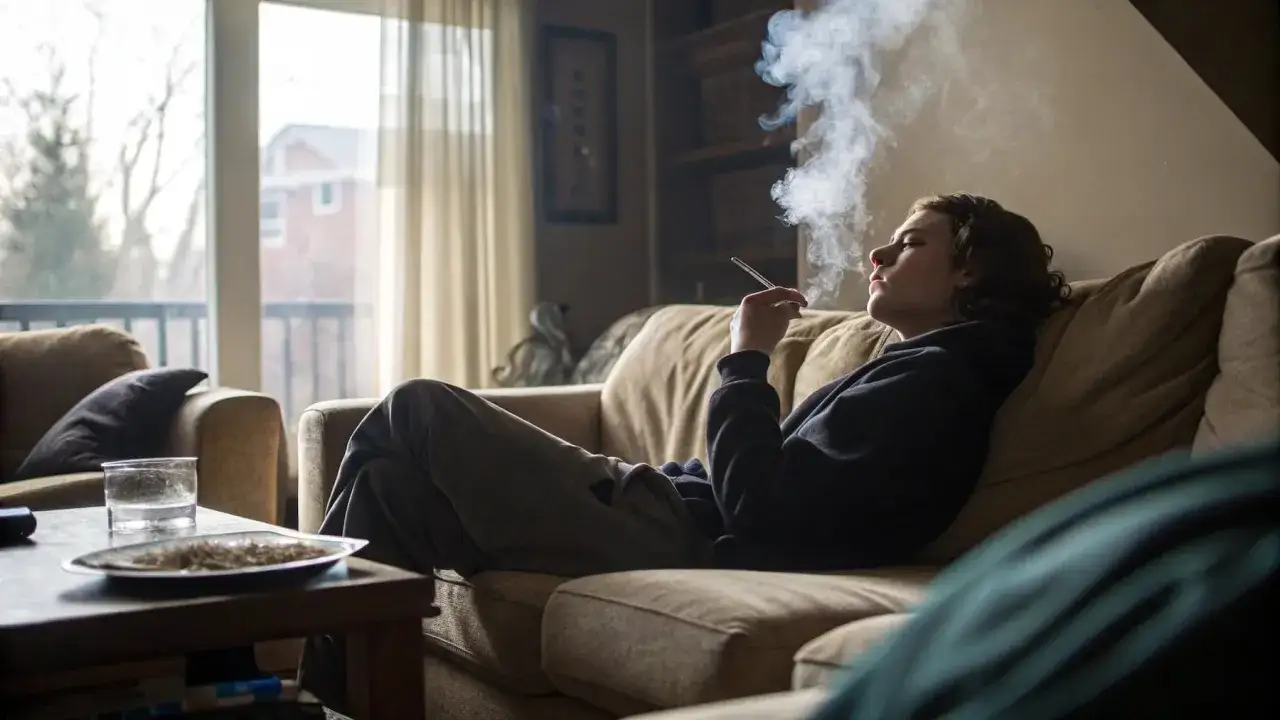 Joven fumando en el sofá, exhalando humo. Una escena que evoca la necesidad de saber como quitar el olor a tabaco de la casa.