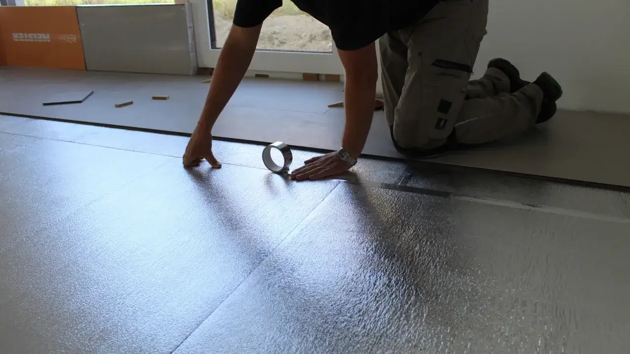 Instalando material aislante para como insonorizar el suelo de un piso. Se usa cinta plateada para unir las láminas.