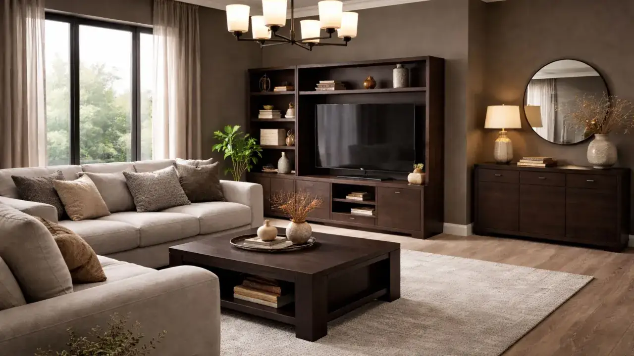 Sofá claro y alfombra neutra para alegrar una habitación con muebles oscuros. Mesa de centro, mueble de TV y aparador de madera oscura.