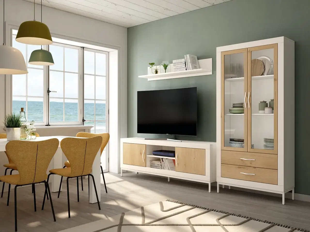 Ideas para decorar un salón con muebles blancos: mesa, sillas amarillas, mueble de TV y vitrina de madera y blanco.