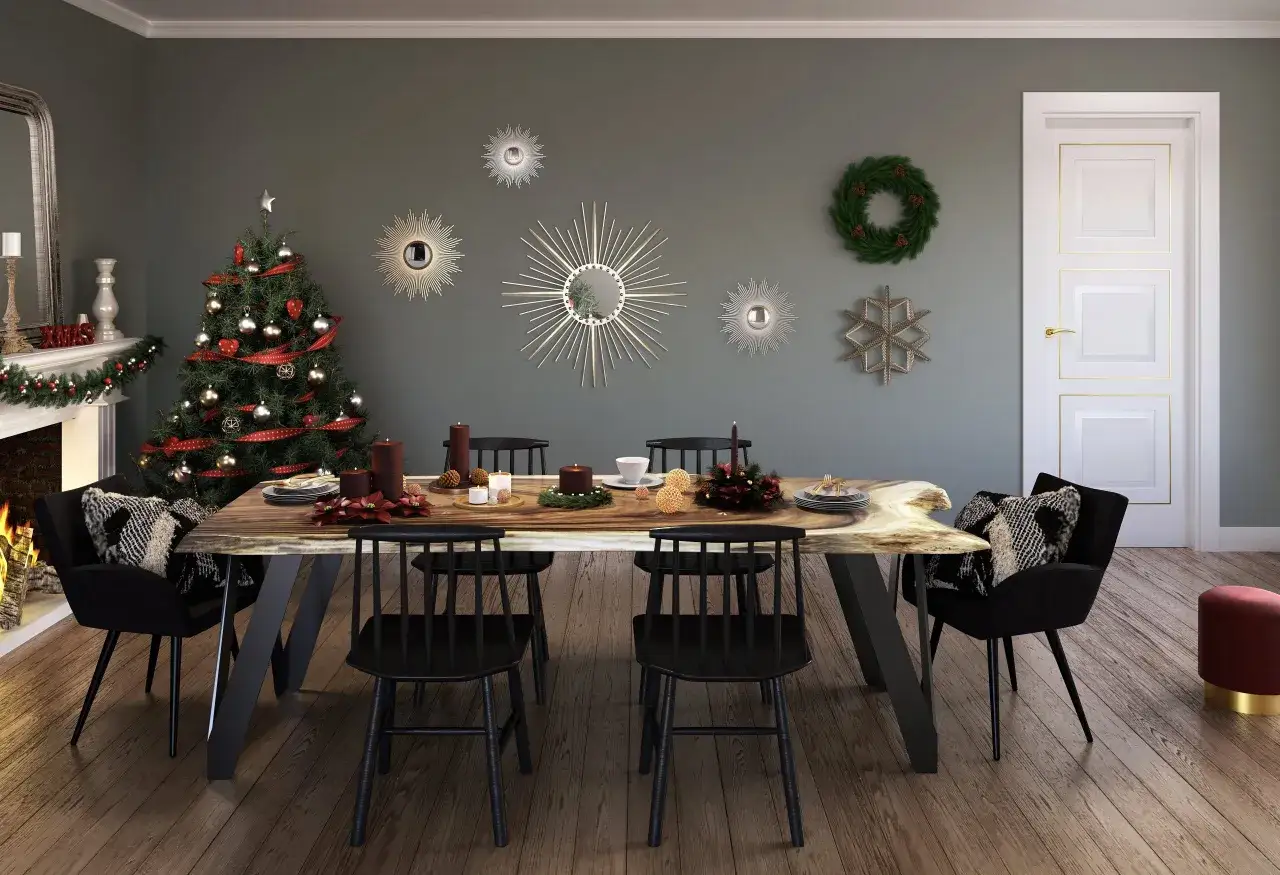 Salones decorados de navidad con árbol, chimenea encendida y mesa puesta. Espejos solares y coronas adornan la pared.