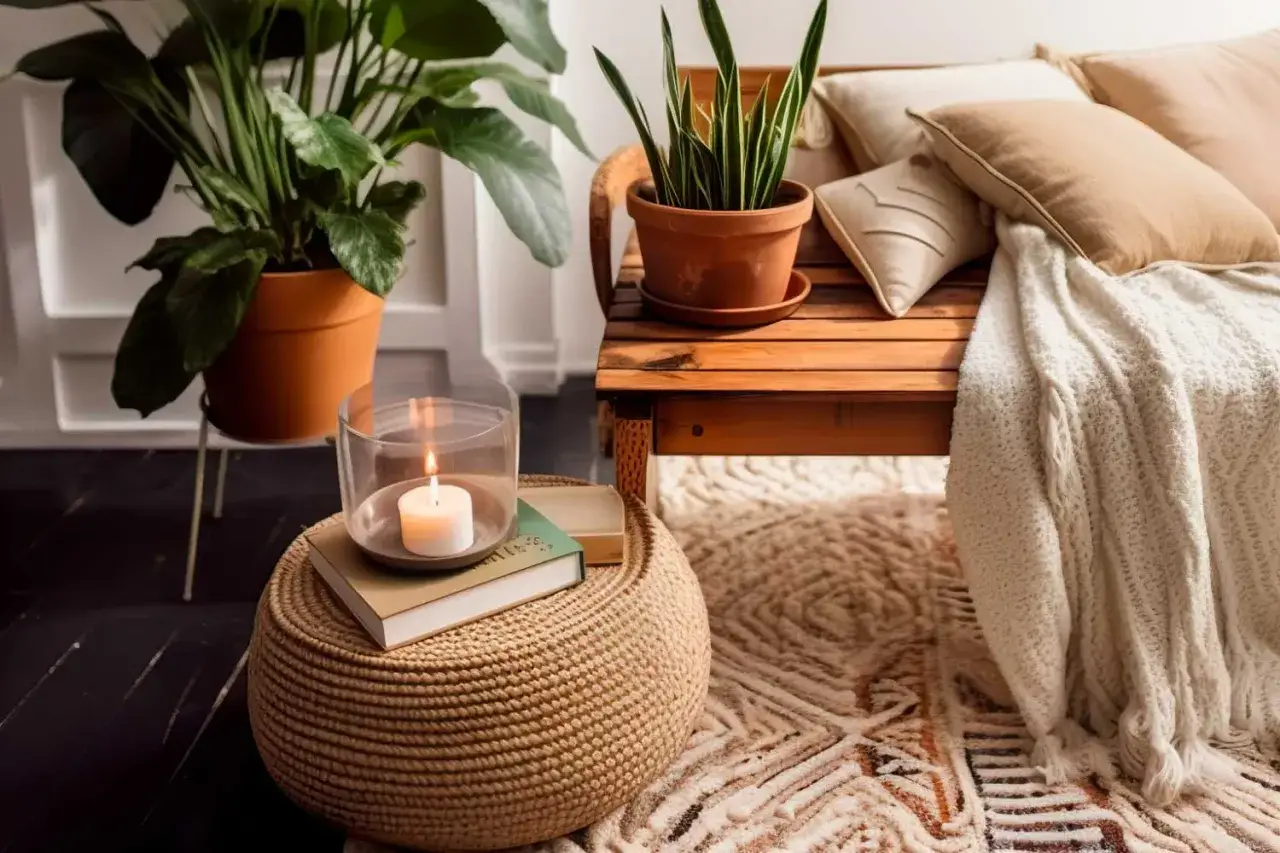 Un rincón acogedor con plantas, una vela encendida y cojines, todo en un perfecto estilo boho decoración.
