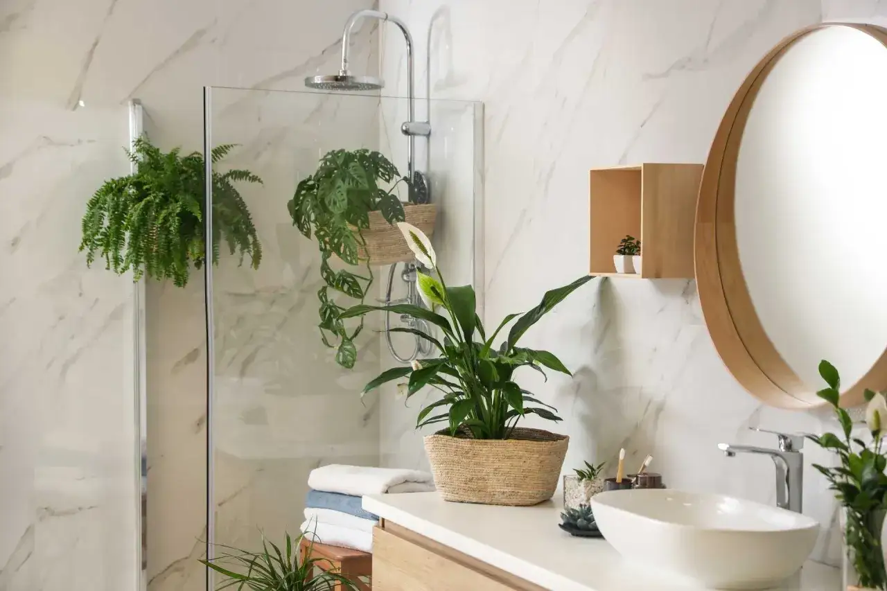Un baño moderno con plantas para el baño, incluyendo un lirio de la paz y helechos colgantes, que aportan frescura y vida.