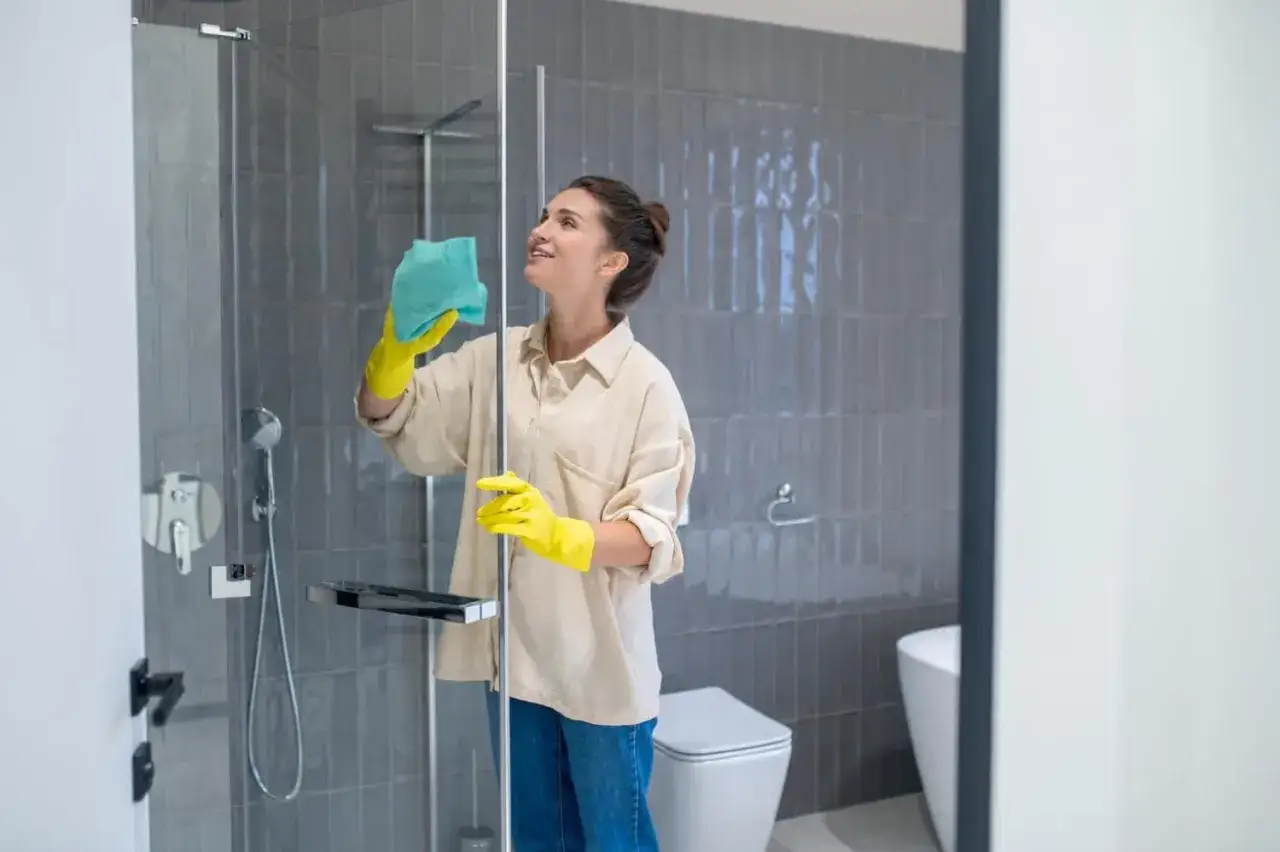 Mujer con guantes amarillos limpiando la mampara de la ducha con un paño azul. El baño tiene azulejos grises y un inodoro blanco.