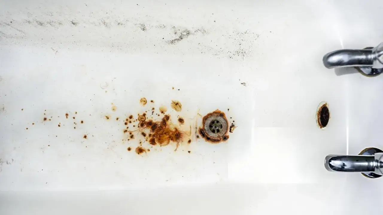 Manchas de óxido y suciedad en una bañera blanca, cerca del desagüe y grifos. Guía para como quitar el oxido de la bañera.