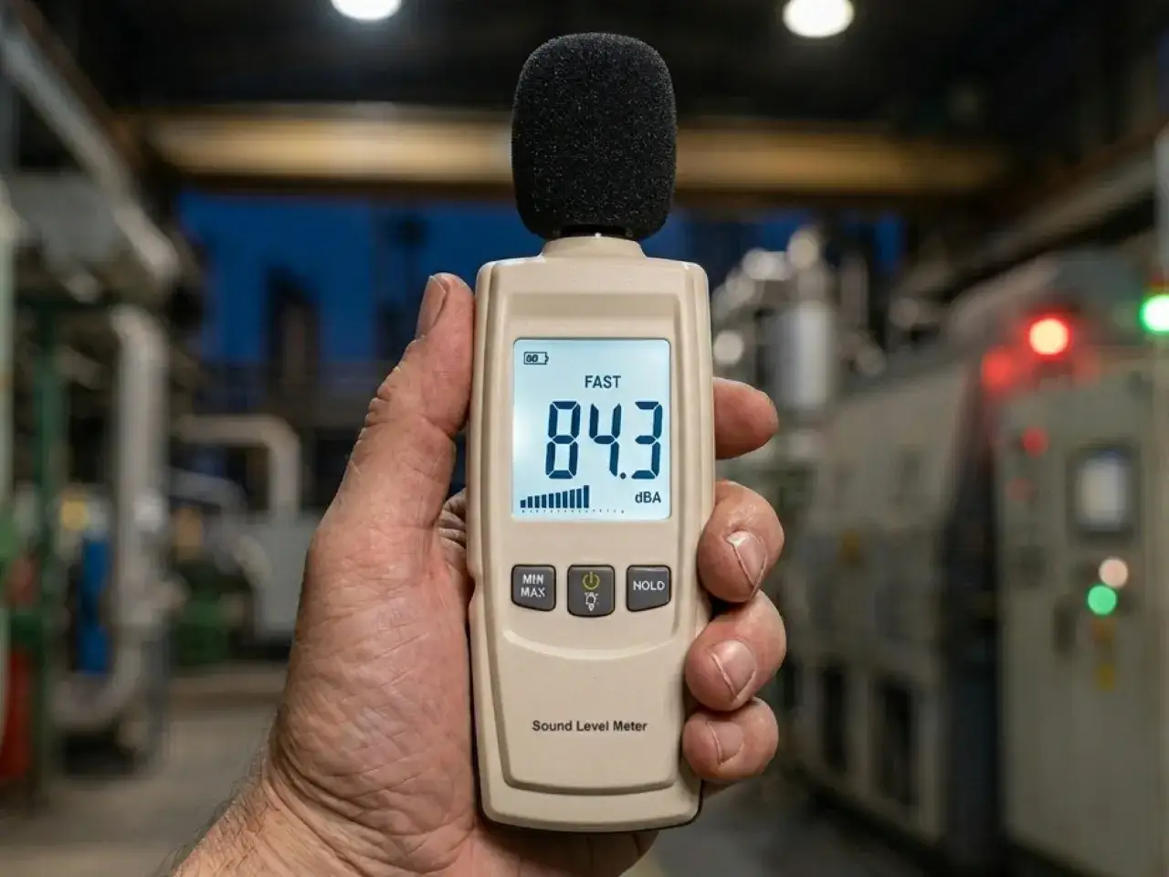 Mano sujetando un sonómetro que mide 84.3 dBA en un entorno industrial.