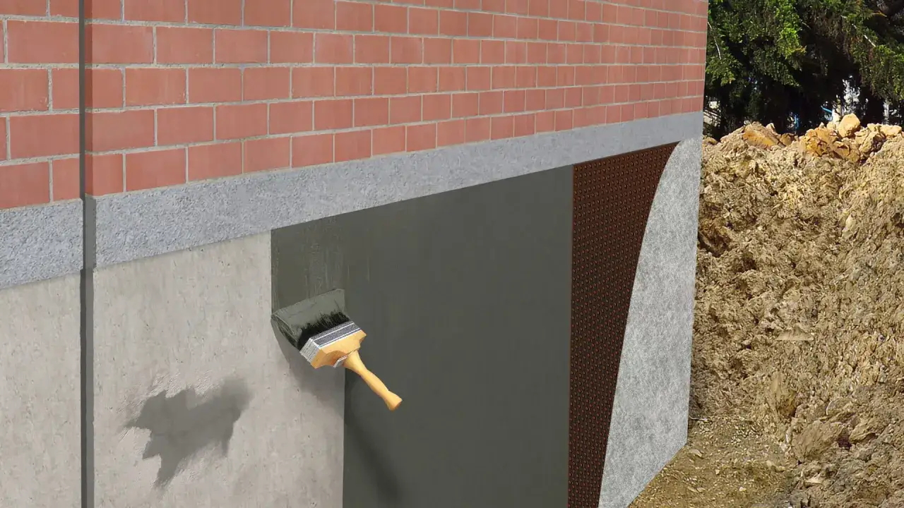 Aplicación de membrana para impermeabilizar muros enterrados. Se ve un muro de ladrillo, una capa de hormigón y una brocha aplicando material.