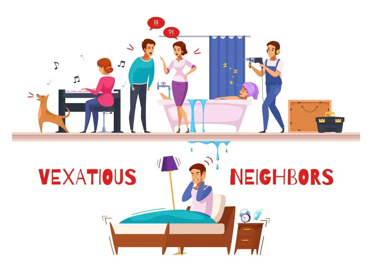 Vecinos ruidosos: alguien toca el piano, discuten, taladran y el agua se desborda. ¿Cuántos decibelios es lo normal? Un hombre en cama se tapa los oídos.