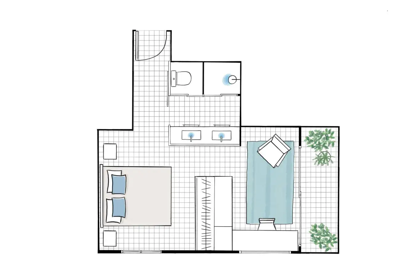 Plano de cómo distribuir un dormitorio de matrimonio con baño integrado, doble lavabo, ducha, inodoro y zona de estar con plantas.
