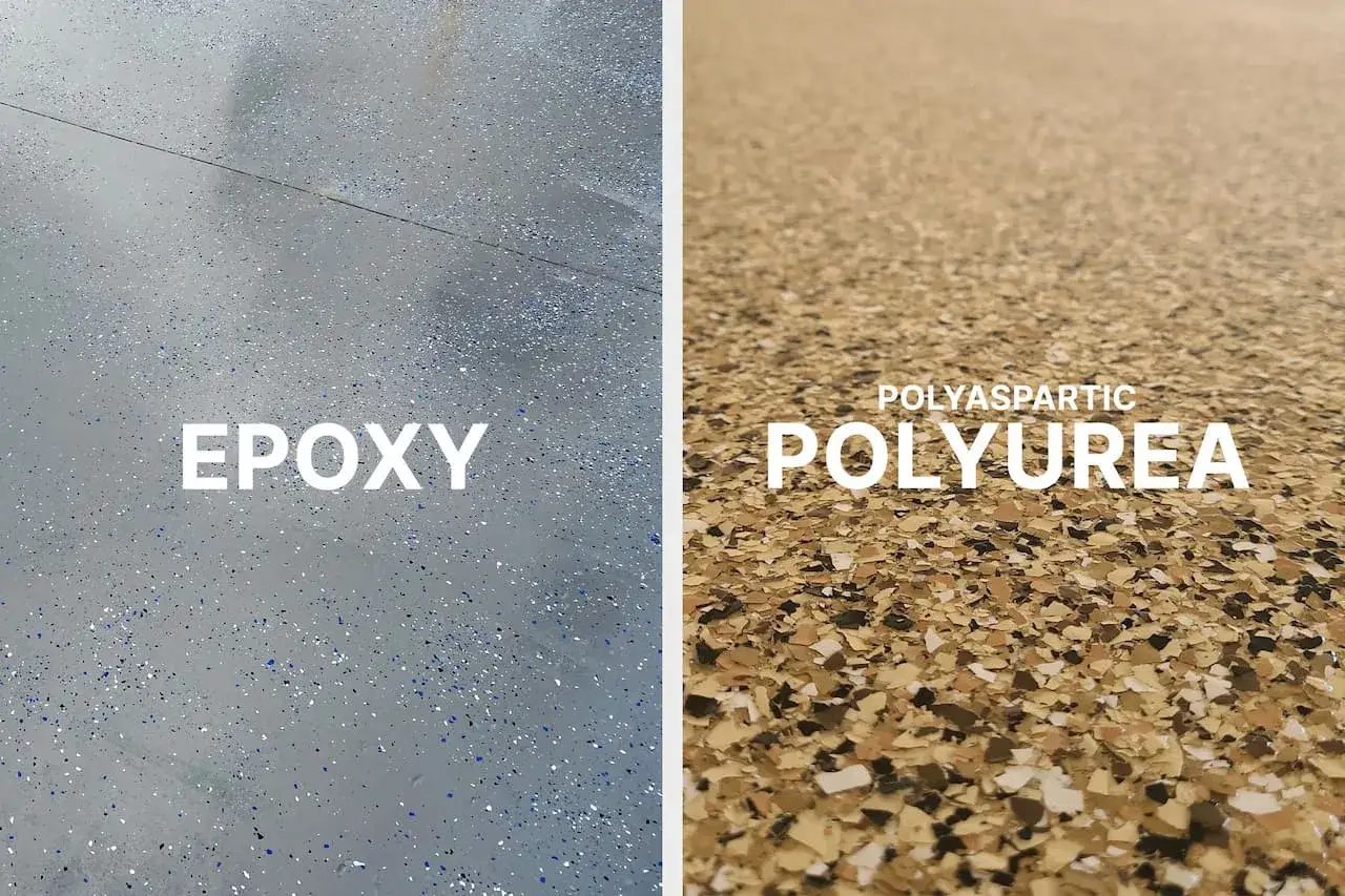 Dos opciones para pintar suelo: gris con escamas azules y blancas (epoxi) o beige con escamas marrones y blancas (polyurea).