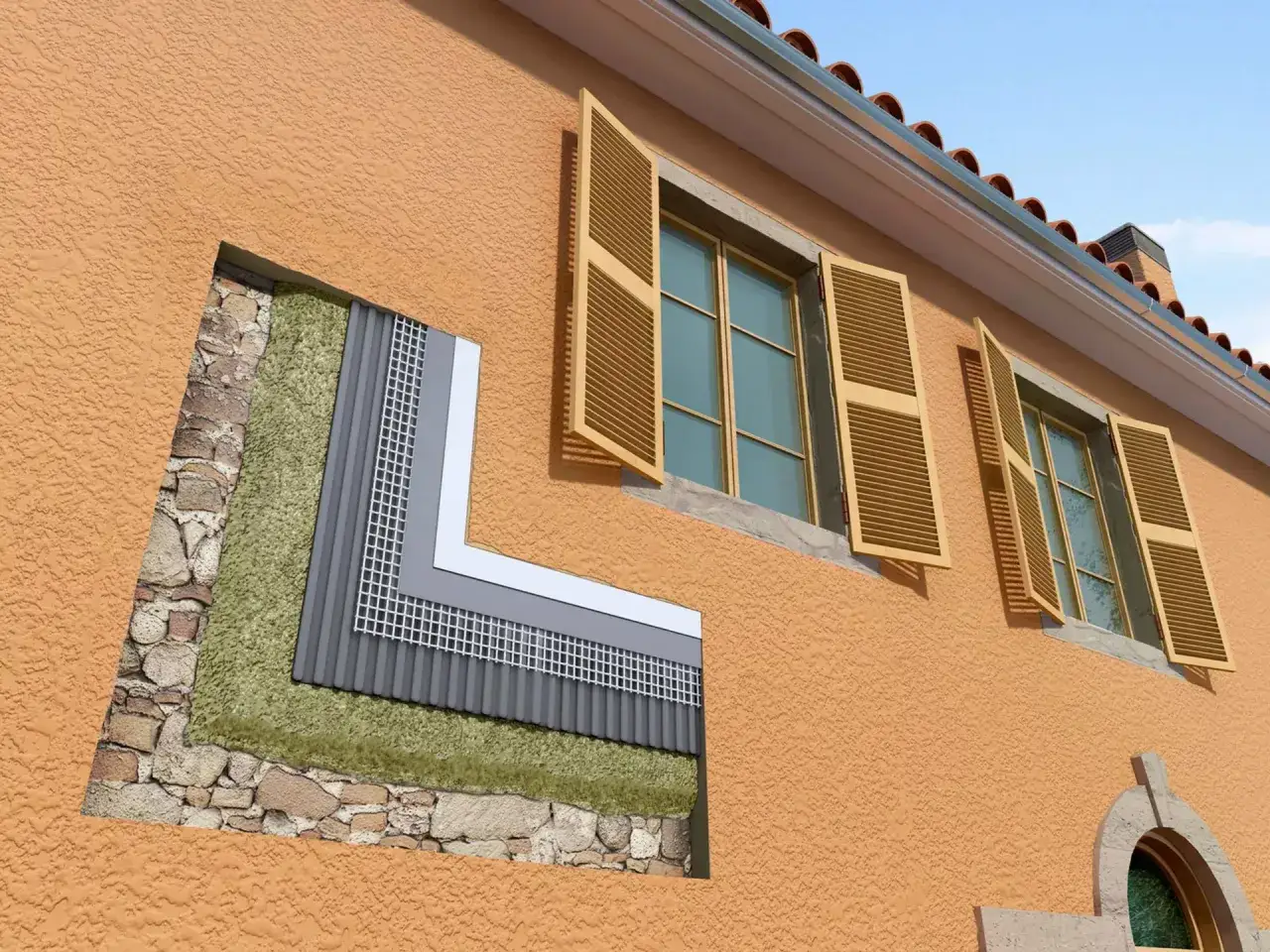 Corte en fachada que muestra capas para como aislar una fachada exterior: piedra, aislante verde, rejilla y acabado. Ventanas con contraventanas.