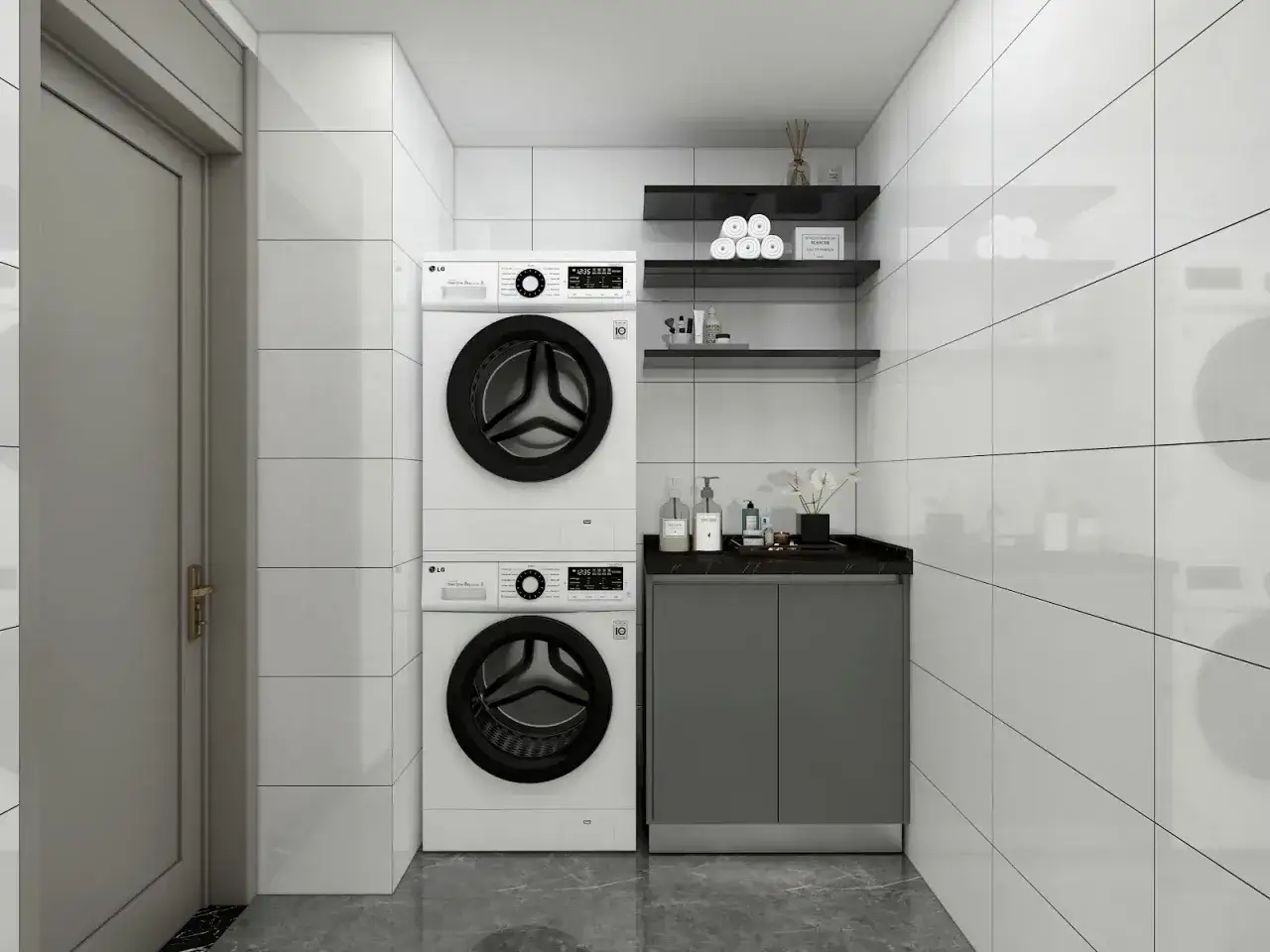 Lavaderos ideas: lavadora y secadora apiladas, con estantes flotantes y mueble de almacenamiento.